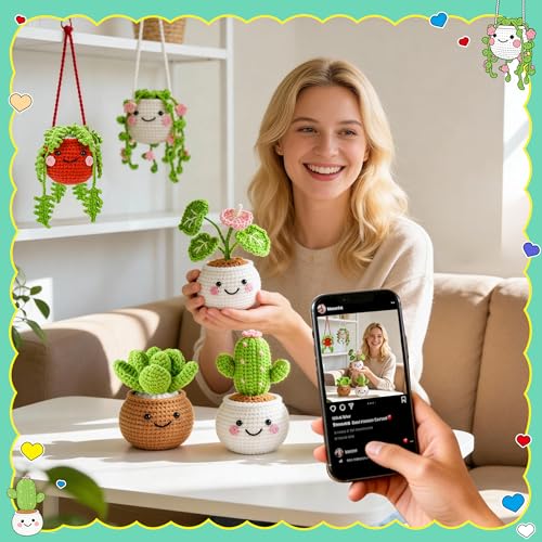 Joyclub Crochet Kit for Beginners 6 Fake Plants with Video for Adults - color: Colorful Plant