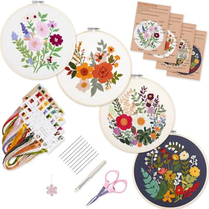 Bonroy 4 Sets Embroidery Kit for Beginners with Instructions,Cross Stitch Kits for Adults with Pattern,Needlepoint Kits for Adult Include Embroidery Cloth Hoops Needles Threads - color: flowers7