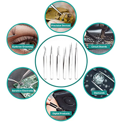 H&W Precision Tweezers 6PCS Set, Anti-Static Steel Curved of Tweezers - color: Silvery
