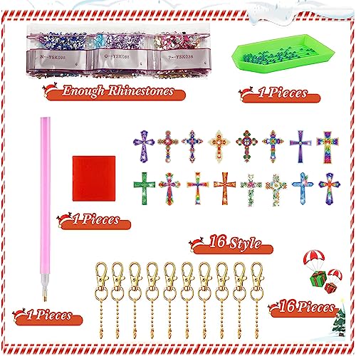 YUE ZHE 16PCS Cross Diamond Art Kits for Adults Double Sided Easter Diamond Art Keychains Cross Shaped DIY 5D Easter Diamond Painting Keychains Kits for Adults Beginners DIY Crafts - color: Cross