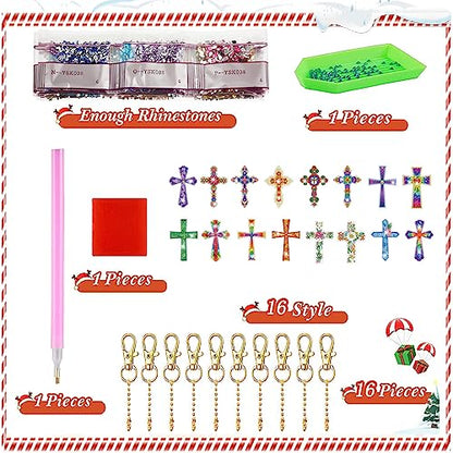 YUE ZHE 16PCS Cross Diamond Art Kits for Adults Double Sided Easter Diamond Art Keychains Cross Shaped DIY 5D Easter Diamond Painting Keychains Kits for Adults Beginners DIY Crafts - color: Cross
