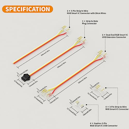 PAUTIX 12mm 3-Pin Connectors for RGB Smart IC COB LED Strip Lights,Solderless Terminal Connection Kit,Dual-End Extension,Strip to Male Plug,Gapless,Strip to Wire Connectors,24V 12V 5V LED Light Strips - size: Connector Kit