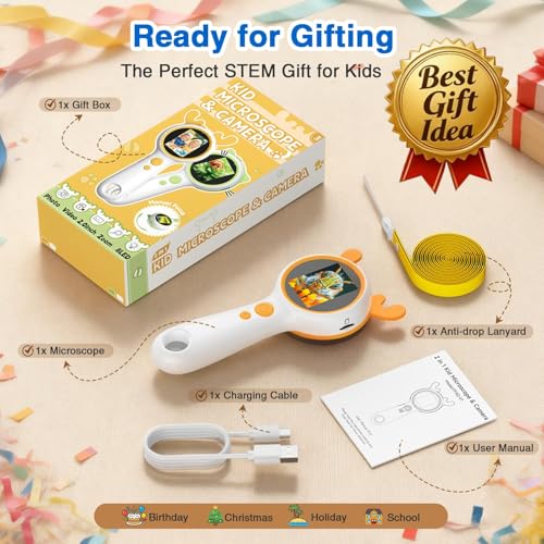 Kids Microscope Orange Deer - Digital Handheld STEM Kit & 1080P Camera (600x Zoom) - Portable Science Toy for Outdoor Camping & Backyard Fun - Gift for Boys & Girls Age 5-12