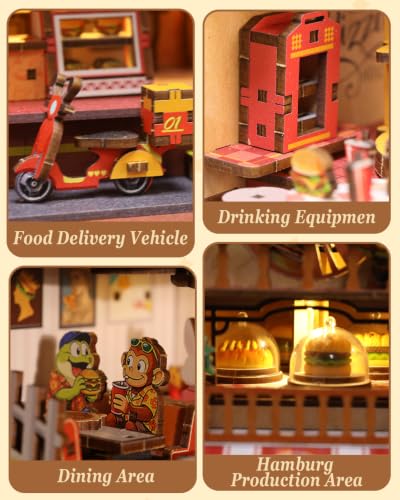 DIY Moving Miniature House Kit, 3D Wooden Puzzle Burger Joint Shop for Adults, Mechanical Model Building Kit with Music Box & LED Light Book Nook Kit