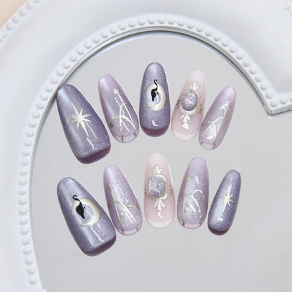 Almond Press on Nails Medium Purple Fake Nail Magic Style Lunna and Black Cat Acrylic Nail Press ons Cat Eye Stick on Nail for Women 24pcs - color: Color41