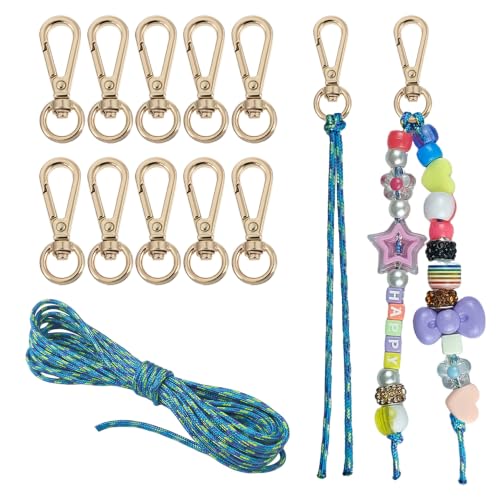 NCIWAN DIY Beadable Keychain Making Kit, 10 Pcs Gold Lobster Clasps with 5 Meters 2mm Braided Rope, Cut-to-Length Lanyard Cord for Silicone Focal Beads, Boho Craft Supplies (Gold 10 pcs-01) - color: Gold 10 pcs-01