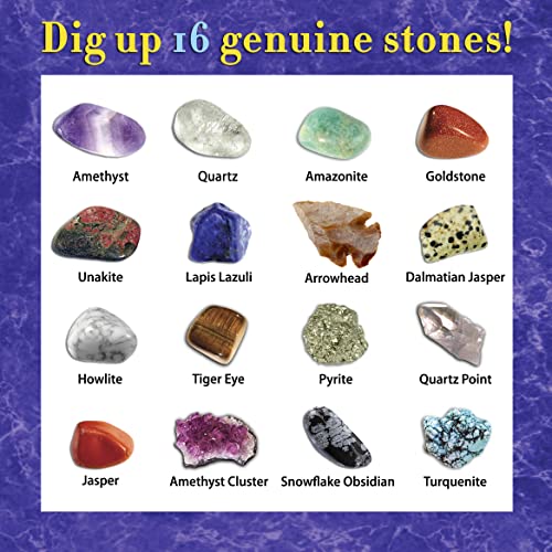 DANCING BEAR Gem stone Dig Kit, Excavate 16 Real Gems & Crystals including Arrowheads, Quartz Point and Amethyst, STEM Education for Kids, Fun Rock Mining Science Activity Gift Sets for Girls and Boys