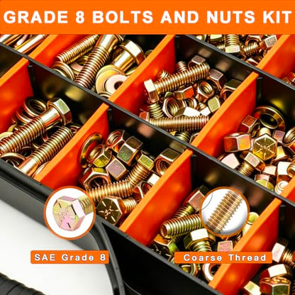 535PCS Grade 8 SAE Bolts and Nuts Kit - Heavy-Duty Alloy Steel Hex Bolt Set with Flat & Lock Washers, Yellow Zinc Plated (1/4-20, 5/16-18, 3/8-16) for DIY, Automotive & Industrial Use - size: 535PCS 1/4-20,5/16-18,3/8-16