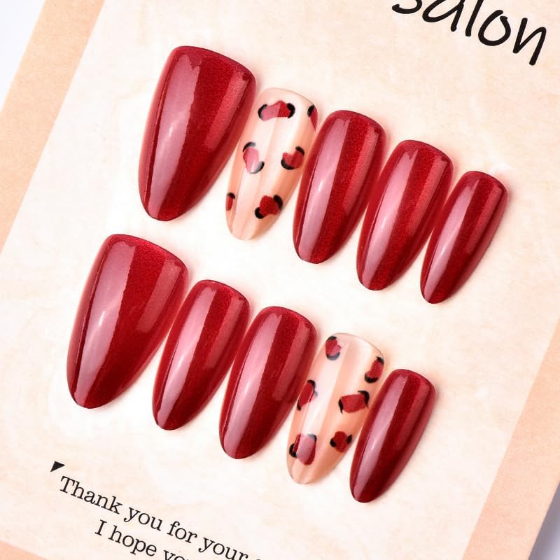 Almond Press on Nails Long Red Fake Nail Leopard Acrylic Nail Press ons Cat Eye Stick on Nail for Women 24pcs - color: Color26