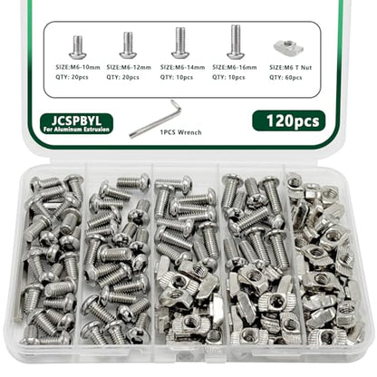 120 pcs M6 T Nut Screws Kit for 3030 3060 Aluminum Extrusion, 60 pcs Silver M6x10/12/14/16mm Hexagon Socket Screws and 60 pcs M5 Drop in T-Nuts with 1 pcs M6 Hex Wrench - style: 120pcs 30 Series Screws Kit Silver