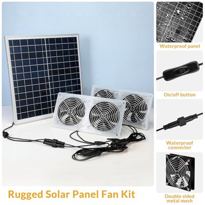 Tujoe Solar Exhaust Fans Kit with 4 Fans 20w Waterproof Solar Panel + High Speed Dual Exhaust Fan Solar Panel Powered Fan with On/Off Switch for Chicken Coop, Shed Cooling Ventilation Project