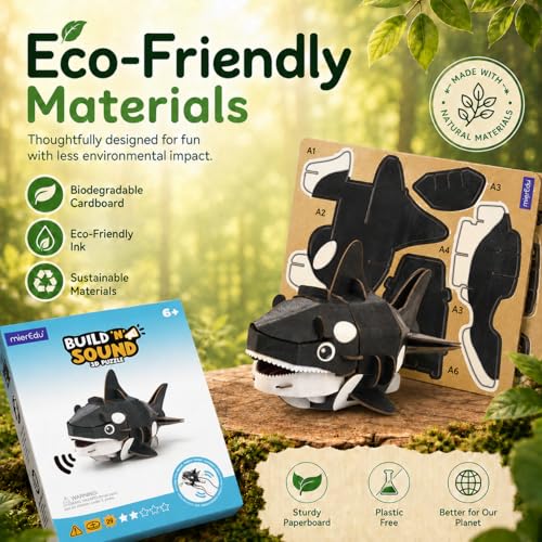 MierEdu Build 'N' Sound 3D Puzzle for Kids, Animal Puzzle with Sound Module, Educational STEM Craft Kit, FSC Paper Model Building Toy Gift for Ages 6+ - color: Orca