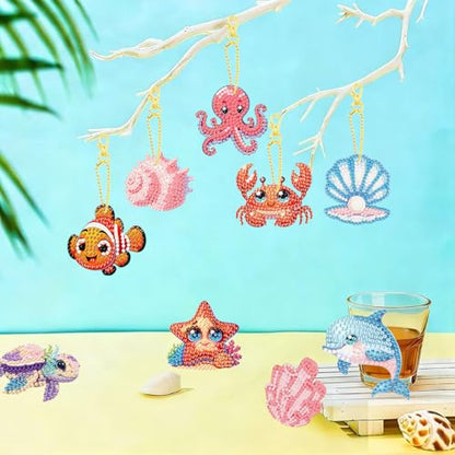 12 PCS Diamond Art Keychain Kits, DIY Diamond Painting Crafts, Beginner Art Kit, Arts & Crafts Gift - color: Marine Animals