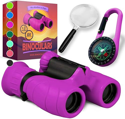 Binoculars for Kids – Perfect Toy for Little Boys and Girls – Extensive Set Incl. Magnifying Glass & Compass – Powerful Magnification 8X21 – 3 to 12 Year Old Kids for Toddler - color: Purple