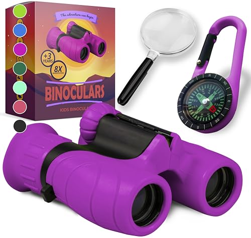 Binoculars for Kids – Perfect Toy for Little Boys and Girls – Extensive Set Incl. Magnifying Glass & Compass – Powerful Magnification 8X21 – 3 to 12 Year Old Kids for Toddler - color: Purple