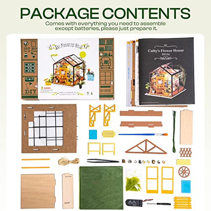 ROBOTIME DIY Miniature House Kit Mini Green House Tiny Dollhouse Wooden Furniture Kit with LED Halloween/Christmas/Birthday Gifts for Adults (Cathy's Greenhouse) - color: Cathy's Flower House