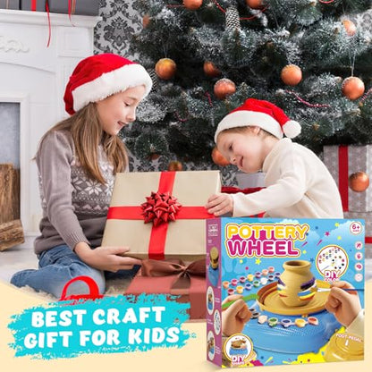 Pottery Wheel for Kids with Air Dry Clay Kit, 12 Paints & Tools, Ages 6-12 - color: yellow/cyan