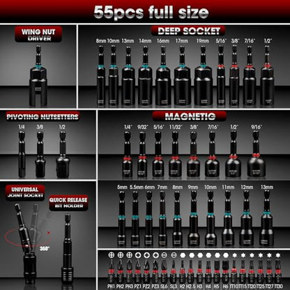LLNDEI 55Pcs Magnetic Impact Nut Driver Set SAE/Metric - size: 55Pcs Magnetic Impact Nut Driver Set