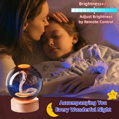 3D Snake Crystal Ball Lamp with Remote Control, 3.15 inch Cobra Crystal Night Light with Wooden Base 16 Colors Change, Cobra Glass Figurine Lamp Gift for Girls Boys Wife Girlfriend Mom (Snake) - color: Snake