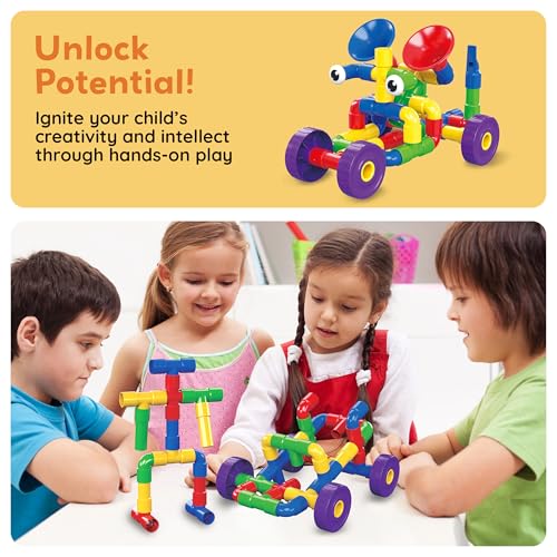 PicassoTiles PTT136 136pcs Tubular Pipes & Spout STEAM Interlocking Educational Building Block Set, Tube Locks, Pipeworks Construction Blocks w/Storage Container Box, Idea Book, Flute Musical Kit - color: 136pcs Tubular Pipes & Spout