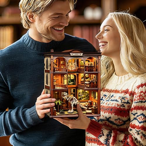 Dinosaur Museum Book Nook Kit - 3D Wooden Puzzle & DIY Miniature Dollhouse with LED Warm Light | Vintage Bookshelf Insert & Sturdy Bookends | Premium Creative Gift for Adults& Book Lovers - style: Dinosaur Museum