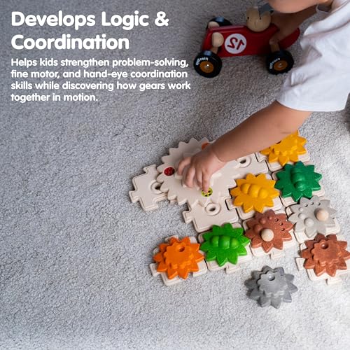 PlanToys® Wooden Gears & Puzzles Set Montessori STEM Kids Educational Toy - color: Gears & Puzzles Set