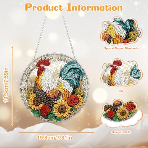 AIRDEA Hanging Diamond Painting Kits Rooster,Special Shaped Diamond Art Kits Farm Gem Art Pendant Decor,19.8x19.7cm - color: yellow red brown