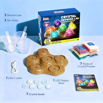 JOVA Klever Kits Crystal Growing Lab- 7 Color Crystal Growing Kit with Light-Up Base, Educational Toys Birthday Gift for Boys and Girls, Science Kits for Kids Ages 8-12