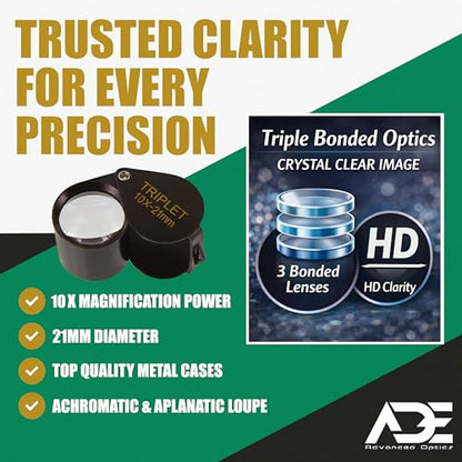 Ade Advanced Optics 10x21TB-A Triplet Professional Loupes – Jewelers Loupe for Jewelry, Coins, Gemstones, Trichomes, Geology, Diamond Inspection, Pocket Magnifier Tool for Watch, Plants, Slides