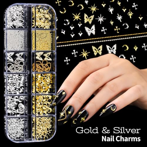 Teenitor Nail Charms and Nail Art Tools Set, Nail Art Kit with 5 Boxes of 3D Nail Charms and Gems Rhinestones, 15 Pcs Nail Art Brushes, 5 Pcs Nail Dotting Tools, 2 Set of Nail Stand