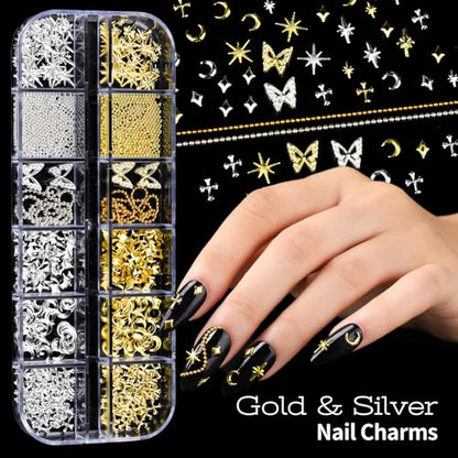 Teenitor Nail Charms and Nail Art Tools Set, Nail Art Kit with 5 Boxes of 3D Nail Charms and Gems Rhinestones, 15 Pcs Nail Art Brushes, 5 Pcs Nail Dotting Tools, 2 Set of Nail Stand