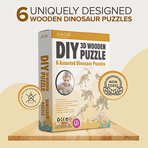 Hands Craft DIY 3D Wooden Puzzle – 6 Assorted Dinosaur Bundle Pack Set Brain Teaser Puzzles Educational STEM Toy Adults and Kids to Build Safe and Non-Toxic Easy Punch Out Premium Wood JP2B1 - color: Dinosaur