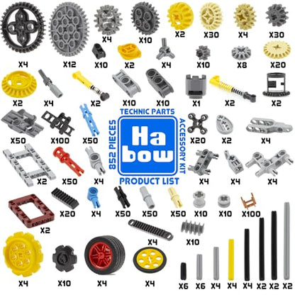 Habow 852pcs Technic Parts Kit MOC Gear Axle Pin Connector for Technic Set.