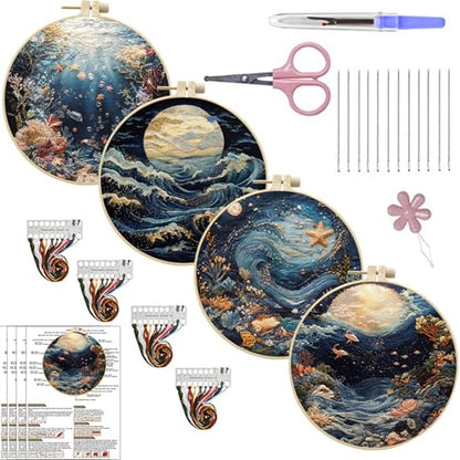 SCECALA 4 Sets Ocean Underwater Embroidery Kit, Blue Coastal Wave Themed - color: Black