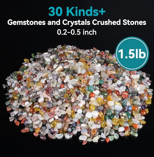 400Pcs+ Crystals Set, 30 Kinds+ Crystals Bulk and Minerals Science Kit, 1.5lbs Healing Stones for Kids, Rocks for Tumbling, Crushed Stones - size: 0.2-0.5 Inch, 1.5lbs