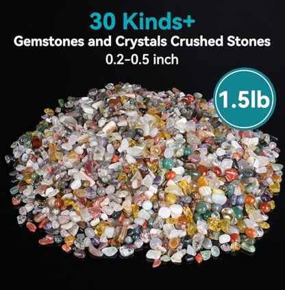 400Pcs+ Crystals Set, 30 Kinds+ Crystals Bulk and Minerals Science Kit, 1.5lbs Healing Stones for Kids, Rocks for Tumbling, Crushed Stones - size: 0.2-0.5 Inch, 1.5lbs
