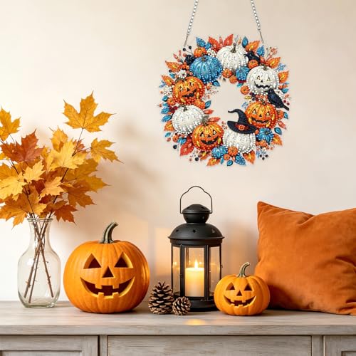 NAIMOER Halloween Diamond Art Hanging Kits for Adults, Pumpkin 5D Special Shaped Rhinestone, DIY Acrylic Diamond Art Painting Window Pendants Home Garden Wall Hanging Ornament Kits, Double Sided - color: Halloween Pumpkin