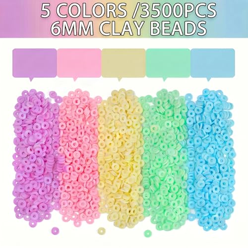 3500pcs Pastel Clay Beads for Bracelets Making 6mm Heishi Beads Polymer Flat Round Disc Clay for Jewelry Making Gradient Pastel Color Bead Crafts - color: Pastel