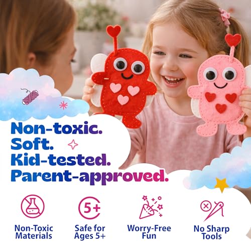 Valentine Gift for Kids, Love Bugs Kids Sewing Kit - Make & Gift Felt Plush Craft, Sew 2 Stuffed Love Bugs (Red & Pink), Precut Felt, Needle, Thread, Polyfill, Googly Eyes, Gift Cards, Ages 5+ - color: Love Bugs