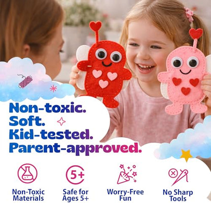 Valentine Gift for Kids, Love Bugs Kids Sewing Kit - Make & Gift Felt Plush Craft, Sew 2 Stuffed Love Bugs (Red & Pink), Precut Felt, Needle, Thread, Polyfill, Googly Eyes, Gift Cards, Ages 5+ - color: Love Bugs
