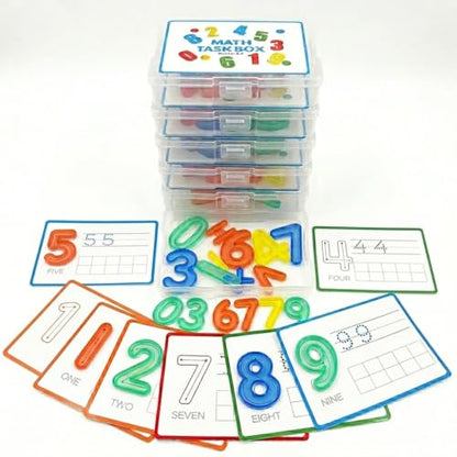 Math Task Boxes Set of 5 Math Manipulatives Themes 230+ Pieces of Number Rods, Base Ten Blocks, Ten Frame Disc Counters, Place Value Blocks, 0-9 Numbers, 3D Shapes, Activity Cards (Numbers) - color: Numbers