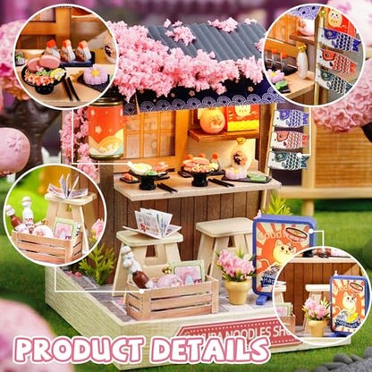 Kisoy Dollhouse Miniature with Furniture Kit, DIY 3D Wooden DIY House Kit with Dust Cover, Handmade Tiny House Toys for Teens Adults Gift (Sakura Noodles Shop) - color: Sakura Noodles Shop