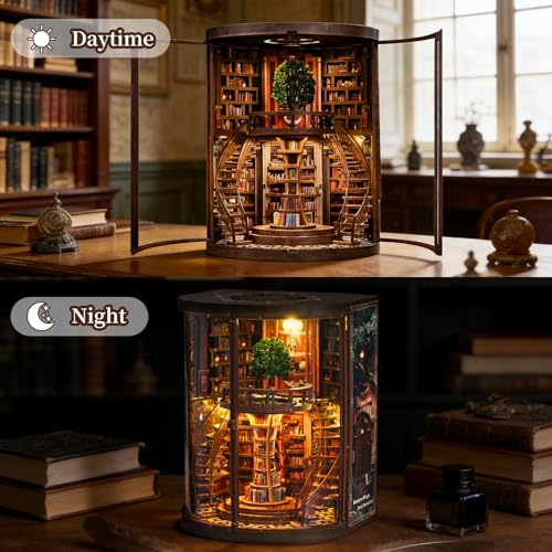 Book Nook Kit for Adult-3D Wooden Puzzles Miniature Library Bookshelf Insert Bookend Decor，Adult Miniature Model with LED Light and Dust Cover, Touch Switch, Adult Craft Kits Gift - style: Wisdom Rings