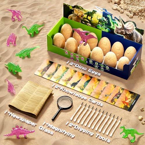12 Glow in The Dark Dinosaur Eggs, Excavation Kit with Magnifier - style: 12 Dinosaur Eggs(Glow in The Dark)