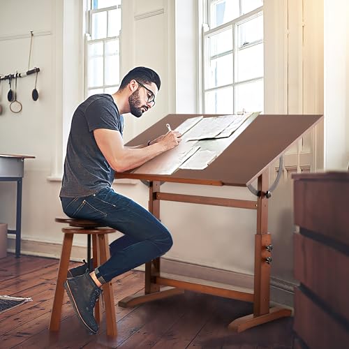 VISWIN Wood Drafting Table for Adults, 30" X 42" Extra-Large Drawing Table with Adjustable Height & Angle for Art Studio, Solid Pine Wood Artist Desk for Drawing, Drafting, Writing, Reading - color: Walnut