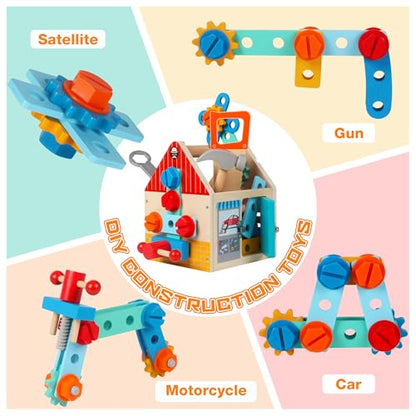 Toddler Tool Kit - 33 PCS Montessori Toddlers Tool Box, Kids Pretend Play Tool Set Age 2-4, STEM Educational Toys for Age 3, Wooden Construction Toys, Boys Birthday Gift 2,3,4,5 Year Old (House)