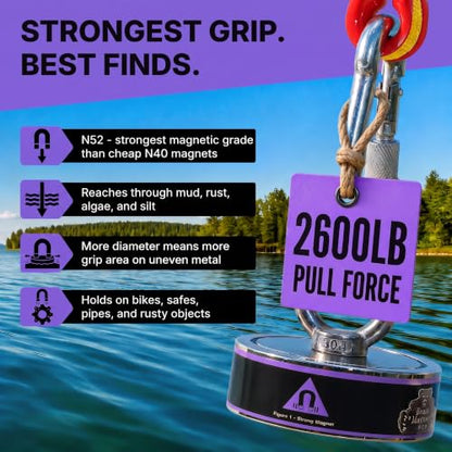 2600LB’s Complete Magnet Fishing Kit | Double Sided Fishing Magnet Kit with Case | Includes Strong Neodymium N52 Magnets, Durable 65ft Rope, Carabiner, Gloves, Grappling Hook & Carry Case - size: 2600 LB Double Sided Magnet Kit