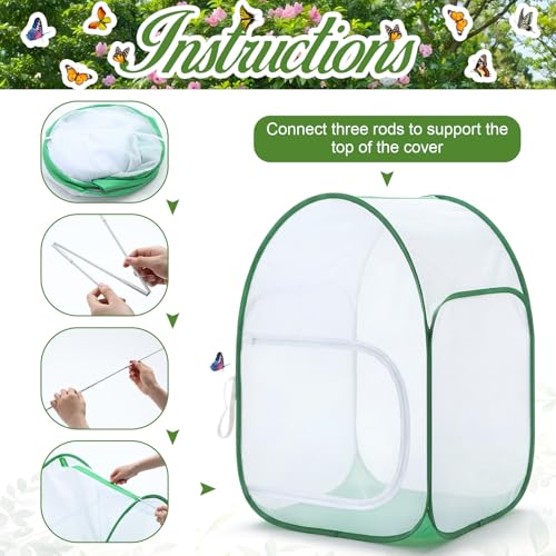 3 Pack 36" Large Monarch Butterfly Habitat Giant Collapsible Insect and Butterfly Mesh Habitat Cage Pop-up Caterpillar Growing Mesh Cage Terrarium, Side Door Design, Transparent Window Panel