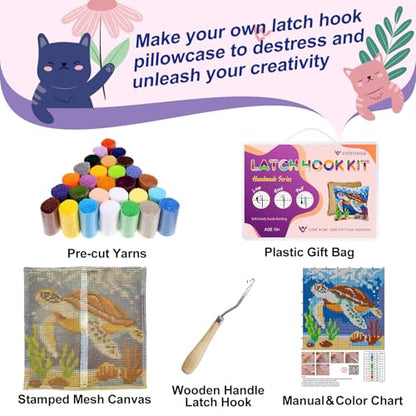 Sea Turtle Latch Hook Kits for Adults Beginners, Pre-printed Canvas - color: Traveling Sea Turtle