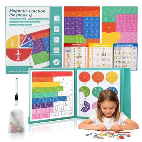 Magnetic Fraction Educational Puzzle for Kids – Fraction Manipulatives with Tiles & Circles, Montessori Magnetic Fraction Book for Elementary School, Visual Learning for Fractions Games